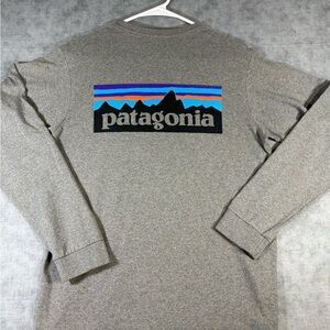 Patagonia Small Gray Long Sleeve Fitz Roy Logo Shirt Regular Fit Organic Cotton